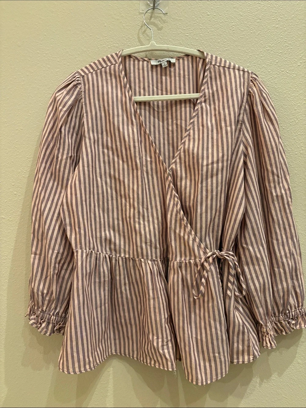 Madewell Striped Pink Wrap Peplum Top - Women